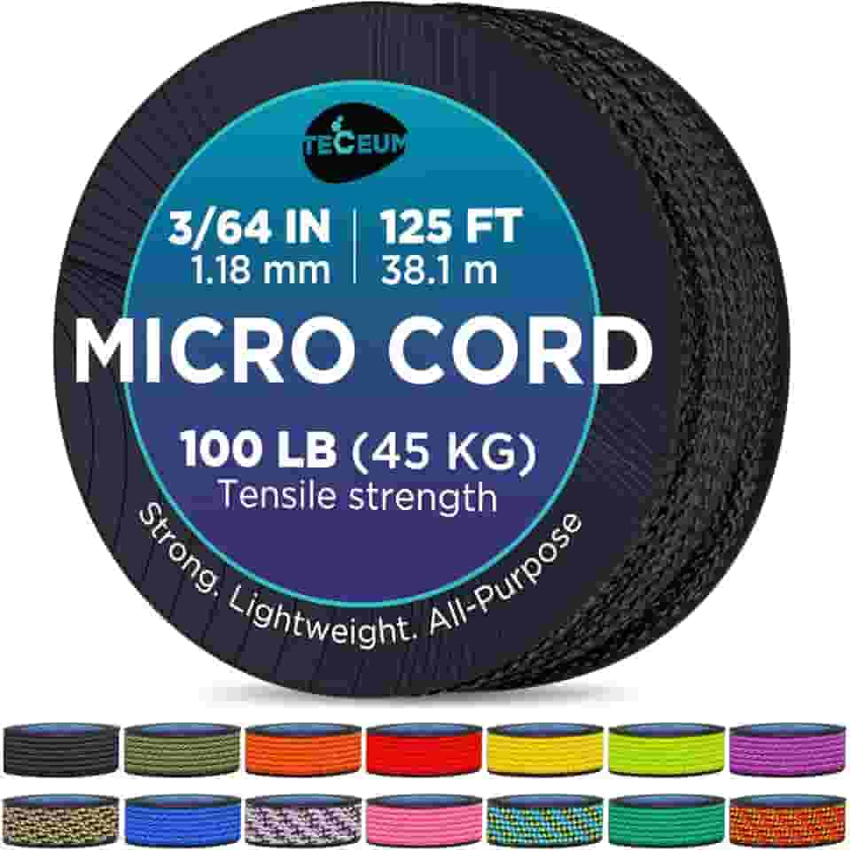 TECEUM Micro Paracord – Preto – 1,18 Mm X 125 Pés – Micro Cordão Utilitário – Corda Fina Trançada Paracord Poliéster de Nylon – Substituição do Carrilhão de Vento – Corda Forte de Sobrevivência 016C