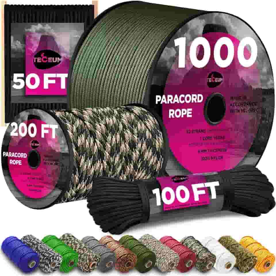 TECEUM Paracord Tipo IV 340.2 kg Preto 4.9 – 30.5 m – 4mm – Nylon Strong Tactical MIL–SPEC Corda de Paraquedas – Survival Rope Emergency para Cord 11 Strands Core EDC Camping Caminhada Equipamento