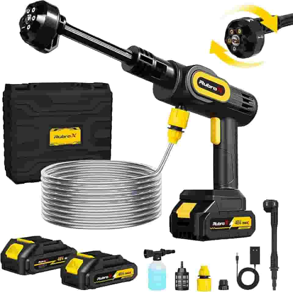RubroX Lava Jato Portatil Sem Fio 6 em 1, Lavadora de Alta Pressao Portatil Recarregavel 25 Bar, 200W, 6 Niveis Ajustaveis, 2 Baterias, Bivolt, para Carro, Moto, Bicicleta e Areas Externas