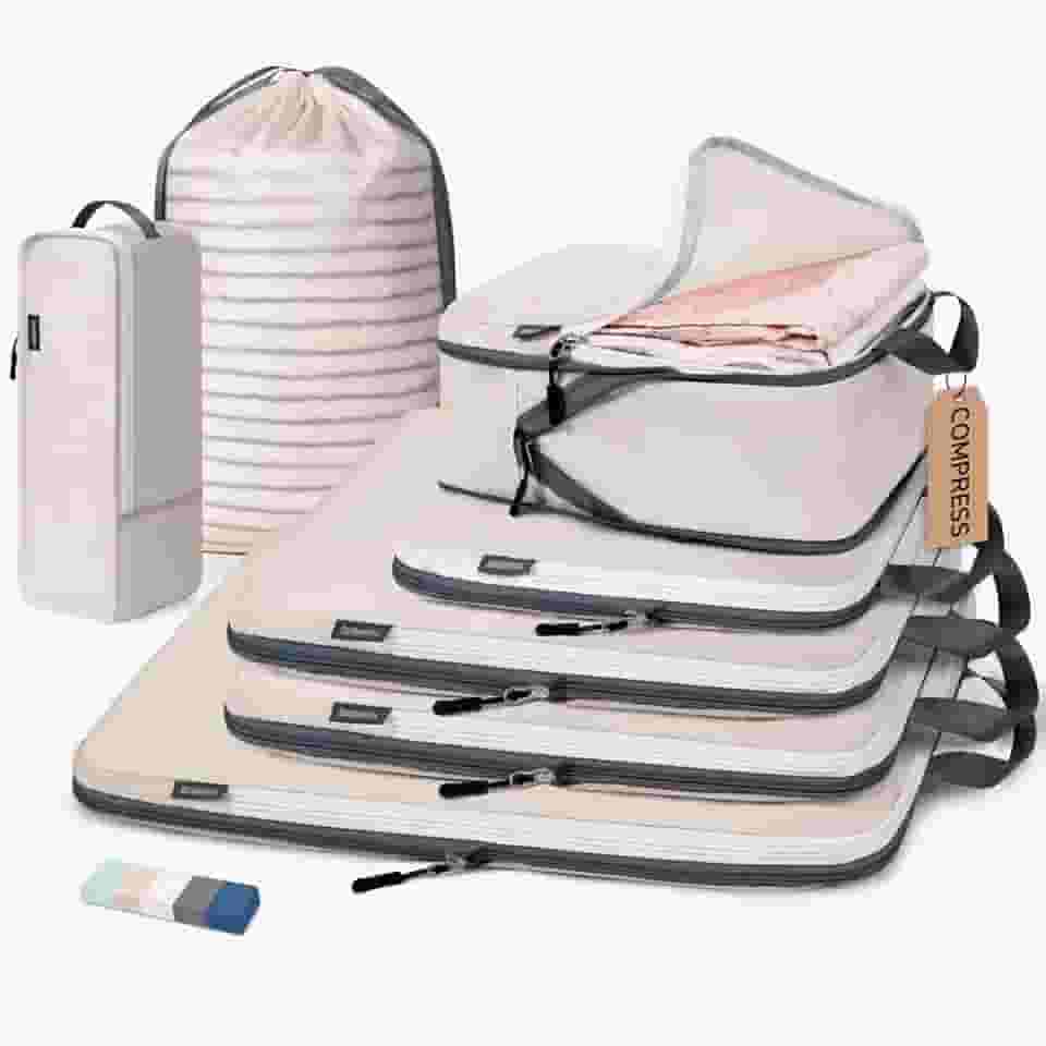 CherryNow Cubos de compressão, 7 conjuntos de sacos de viagem para viagem, itens essenciais de viagem para mochila, cubos de embalagem para compressão de viagem, bege