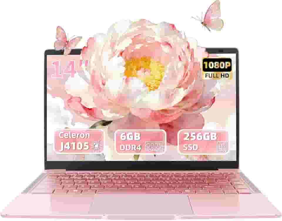 Laptop em ouro rosa de 14 polegadas, processador quad-core J4105, tela FHD IPS, 6 GB de RAM, SSD de 256 GB, PC Win 11, notebook ultraleve para viagens, aulas online, trabalho e estudo