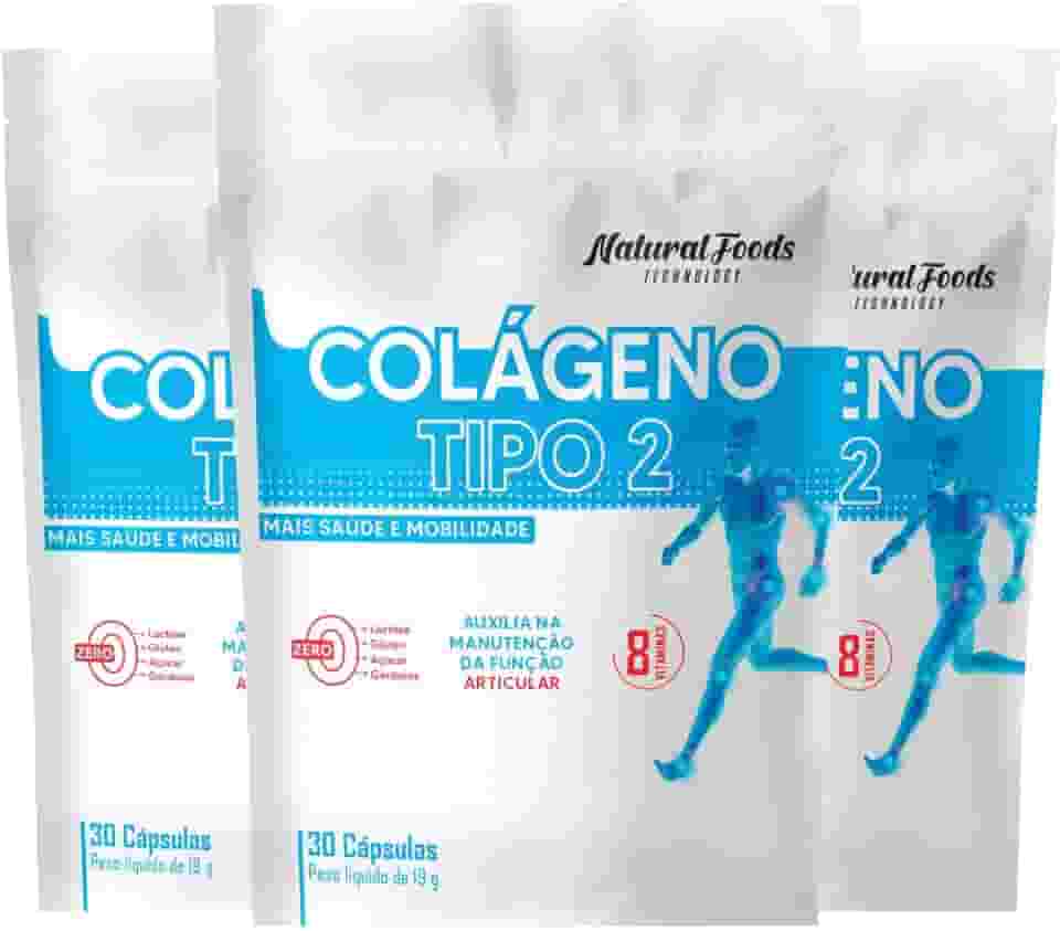 Kit 3x Colageno Tipo 2 Vitaminas Joelho Articulação Collagen Type 2 Refil 30 Cáps Não Desnaturado Proteina 40 mg Rende 90 Doses + Vitamina B1 B2 B6 B12 C E D3 Matéria Prima Importada - Natural Foods
