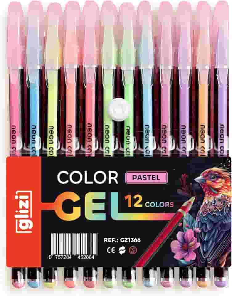 Glizi ColorGel, Kit 12 Canetas Gel Coloridas, Ponta 1.0mm, Cores Pastel