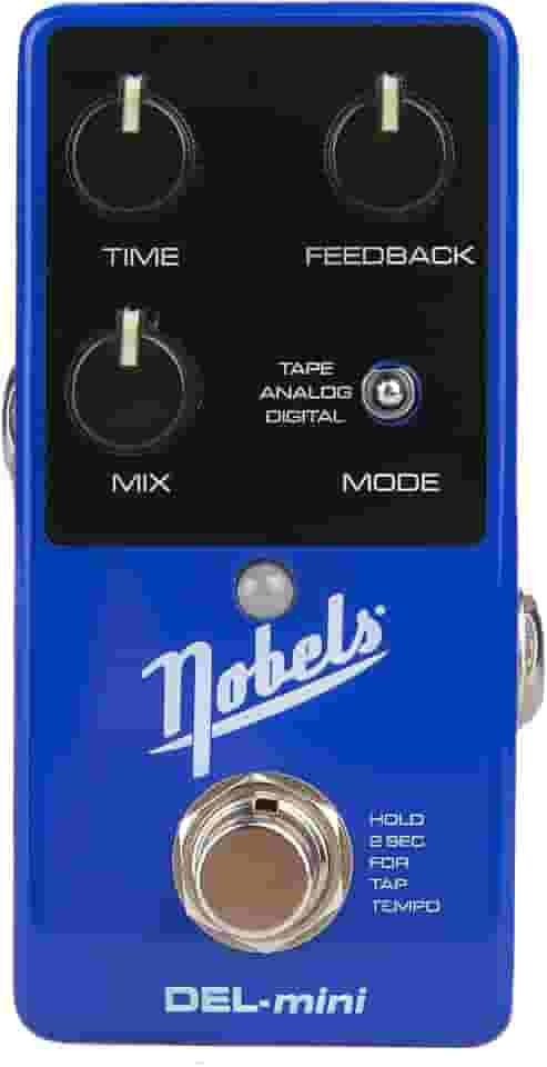 No-bels DEL-mini Digital DELAY Efeito de guitarra, alimentação 9 Volts DC -Suporte estéreo mono, Botão luminoso -Tap Tempo Características -3 modos de atraso fita analógico digital Nobe-ls