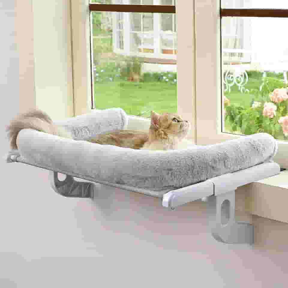 Peitoril de janela para gatos com reforço grande, fácil de ajustar e montar, assento de janela para peitoril da janela e cabeceira, cama de rede para gatos grandes e gatinhos (cinza, G)