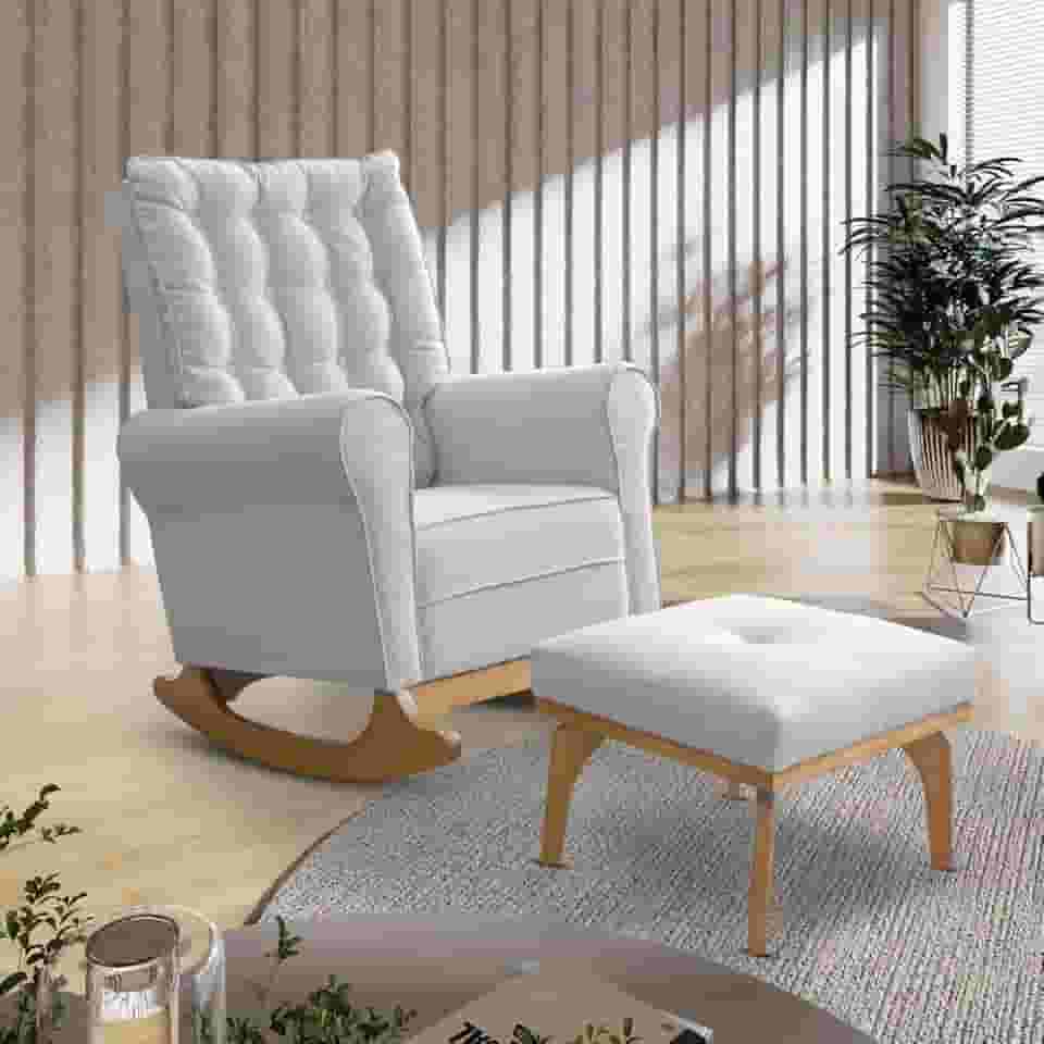 Poltrona Cadeira Sala Leitura Descanso Balanço Amamentação Puff Linho