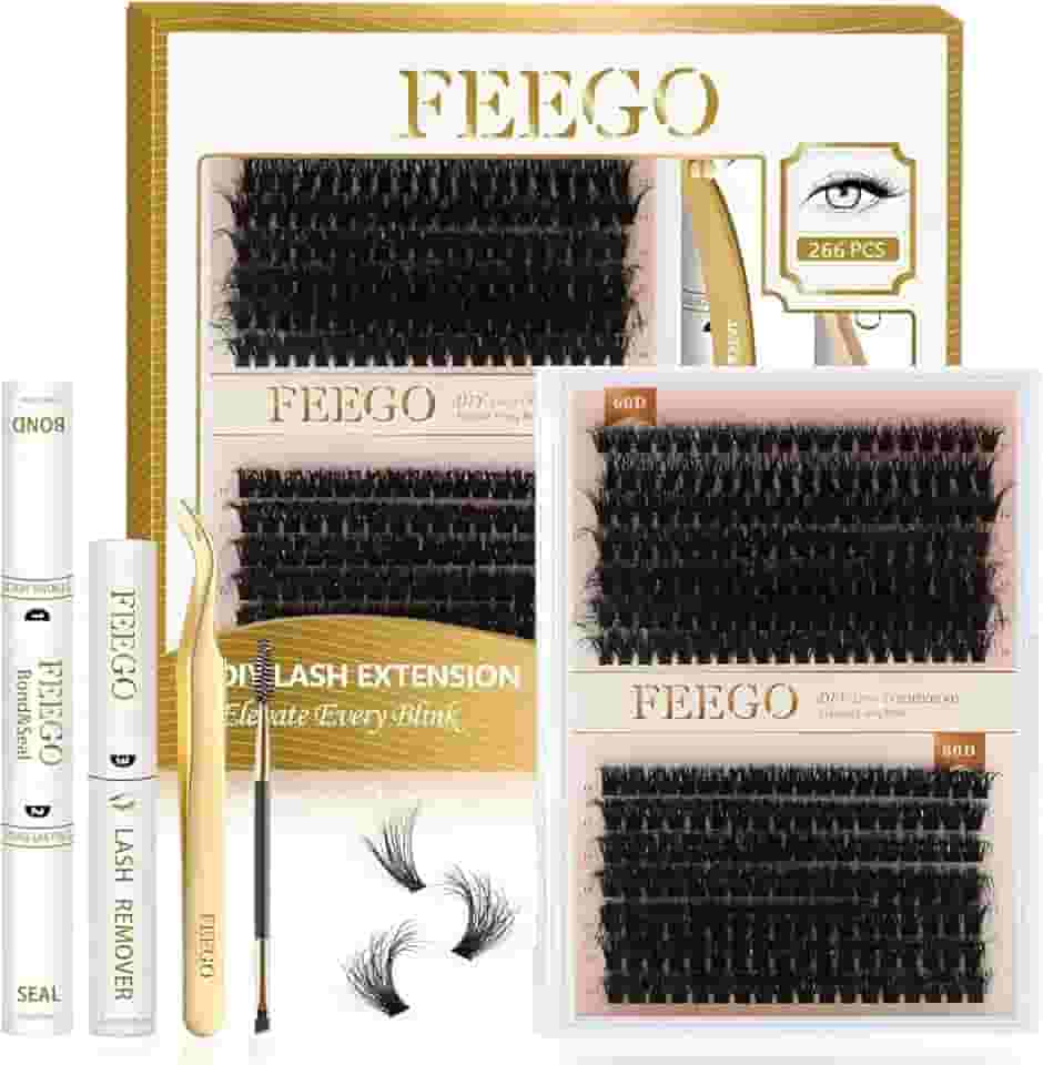 Kit Cílios Extensaões FEEGO 60D+80D - 280 Clusters para Volume Profissional, Modelagem Densa e Ondulada - Inclui Cola, Removedor e Pinça - Ideal para Iniciantes