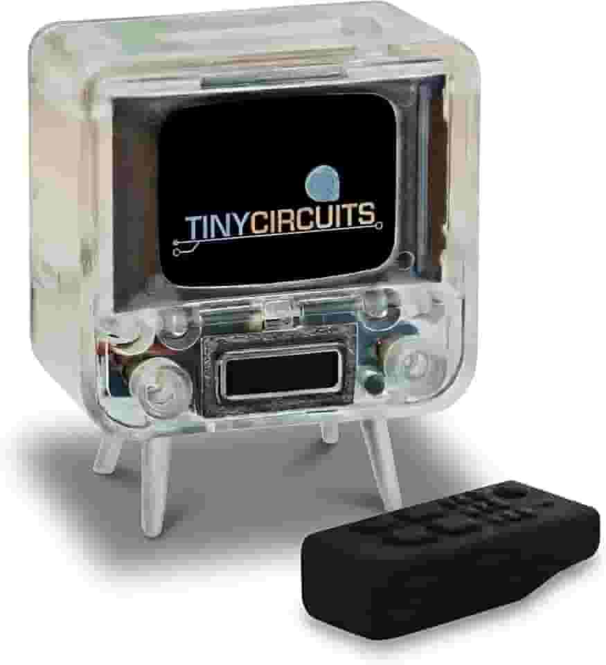 TinyCircuits Mini TV retrô portátil TinyTV 2 – tela IPS de 1,14 polegadas, vídeos pré-carregados e carregáveis, recarregável por USB-C, controles de botão + controle remoto pequeno (transparente)