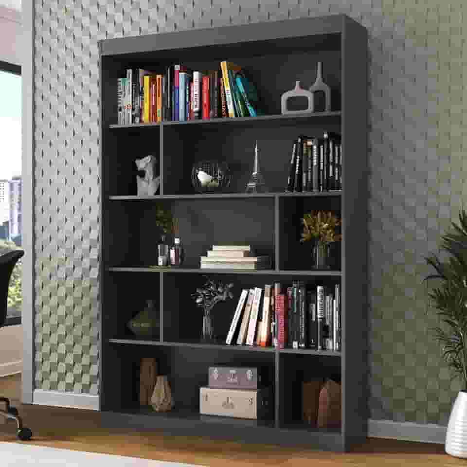 Estante para Livros 4 Prateleiras 9 Nichos Home Office Espresso Móveis Grafite