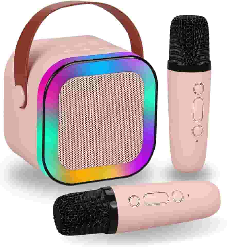 Karaoke Infantil Portátil com 2 Microfones Recarregável e Modos de Voz Divertidos - Diversão Musical para Crianças! (Rosa)