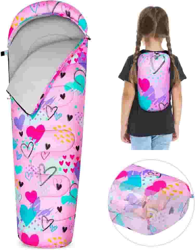 FIOBEE Saco de dormir infantil para meninas, meninos, 3 estações, clima quente e frio, sacos de dormir com bolsa de mochila à prova d'água para viagens, caminhadas, acampamento, ambientes internos e