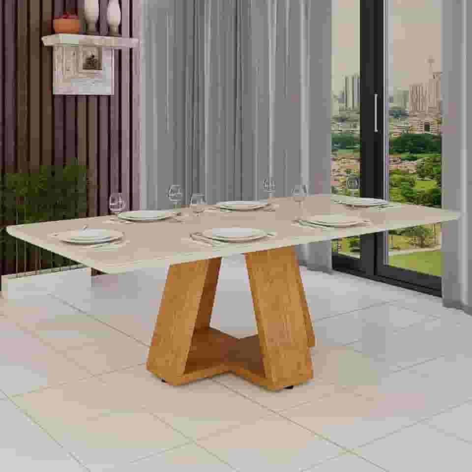 Mesa Sala De Jantar Perola Mdf Luxo 6 Lugares Com Vidro Temperado
