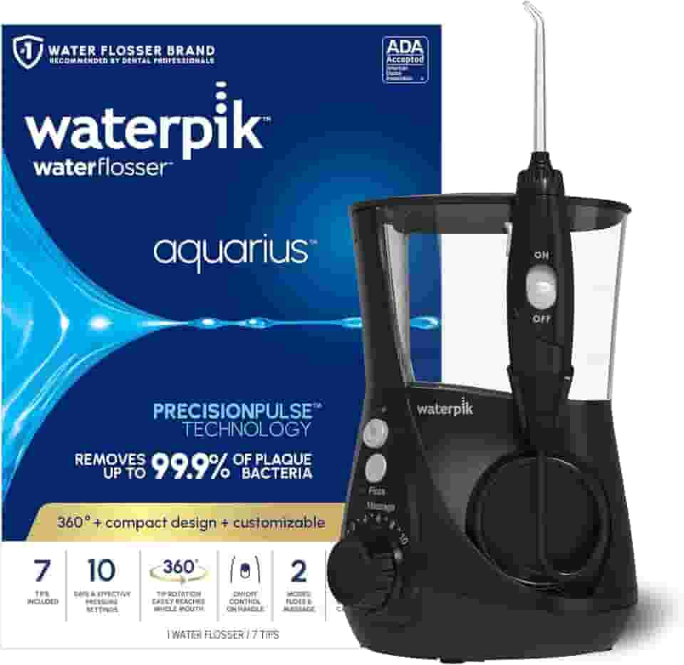 Waterpik Aquarius Water Flosser Professional para dentes, gengivas, órteses, cuidados dentários, energia elétrica com 10 configurações, 7 dicas para vários usuários e necessidades, aceita ADA, preto
