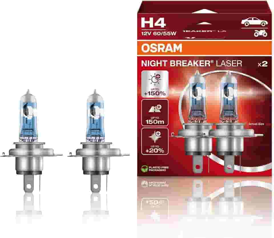 OSRAM NIGHT BREAKER LASER H4, +Lâmpada de farol de halogêneo 150% mais brilhante, 64193NL-HCB, 12V, caixa dobrável suspensa (2 lâmpadas) (branca/amarela)
