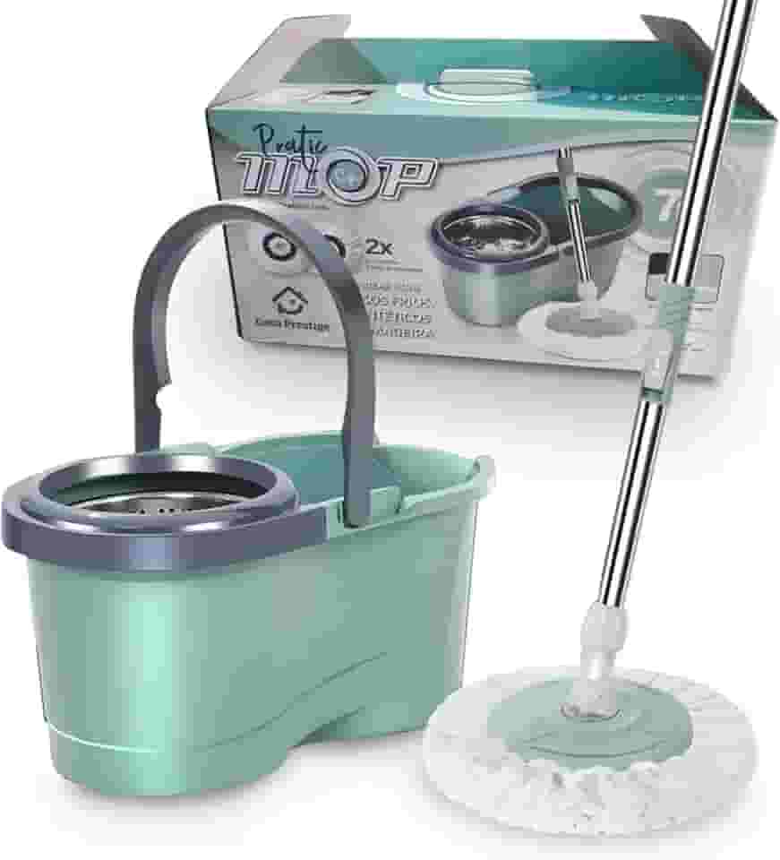 Mop Balde Giratório Pró Verde com Centrífuga em Inox com 2 Refis Microfibra Balde 7 Litros Cabo 140cm