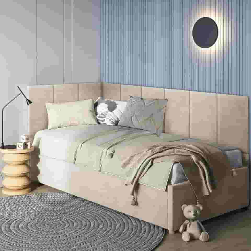 Cabeceira em L Canto Alemão Estofada Para Cama Solteiro Painel 3,00mX40cm Módulos Adesivos (Bege)