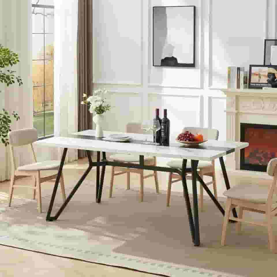 Mesa de cozinha retangular, mesas de sala de jantar, grande capacidade para 8 pessoas e mesa de MDF à prova d'água, mesa de sala de jantar para famílias grandes (branco + preto)