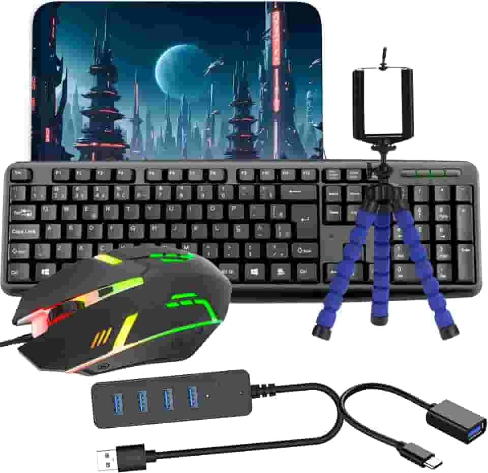 Kit Gamer mobilador Completo com Teclado, Mouse com LED RGB, Tripé para Celular, Hub USB e Mousepad