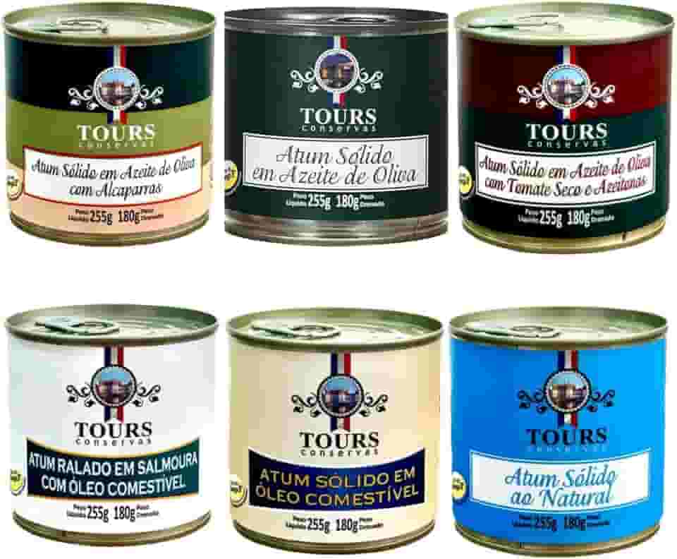 KIT 6 Atum em Lata Tours Conservas em Azeite, Tomate Seco, Alcaparras, Óleo Comestível, Ralado e Natural 255g cada