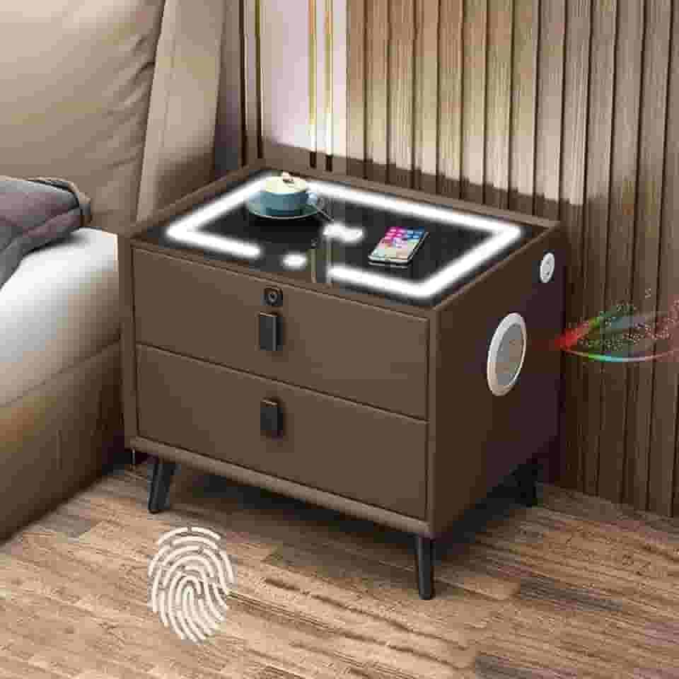 Mesa De Cabeceira Inteligente Com Luzes Led De 3 Cores E Estação De Carregamento Sem Fio, Mesa Lateral Moderna Com 3 Gavetas, Portas Usb, Tomadas E Alto-falantes Inteligentes, Brown, 2 drawers
