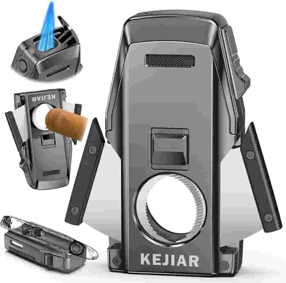 Isqueiro de charuto, isqueiro de jato duplo, furador embutido, cortador e suporte de charutos de borda dupla, isqueiro de butano recarregável, acessórios de charutos ideais para homens presente