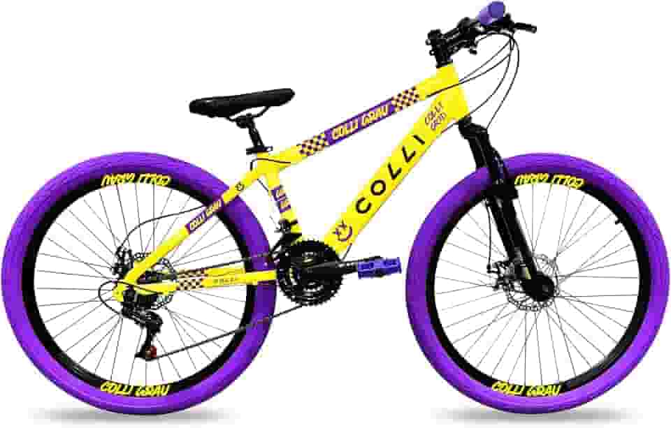 Colli Bike, Bicicleta Grau, Aro 26, Freios a Disco, 21 V, Alavanca Rapid Fire 3/7V, Pedivela Triplo Aço, Selim Colli C/Carrinho, Pedal Free Sport 9/16 Colorido, Pneus Coloridos, Guidão Downhill