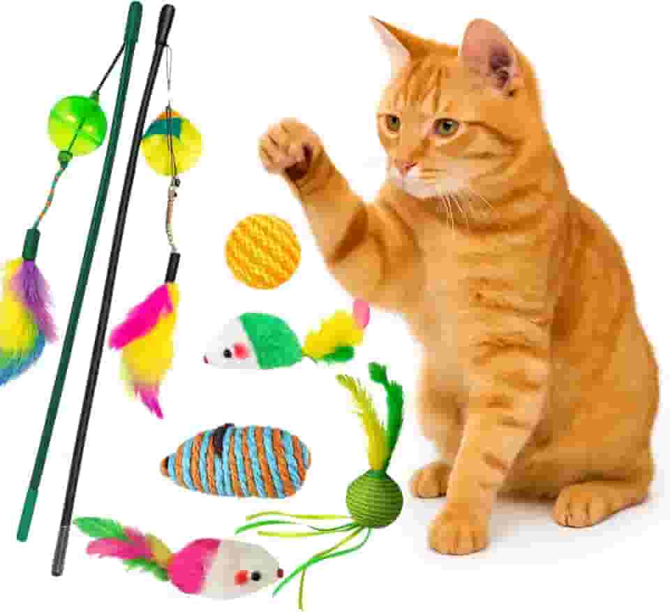 Kit Brinquedos Interativos para Gatos Filhotes e Adultos – 7 Itens com Varinha, Ratinho, Bolas com Guizo e Penas – Brinquedos Seguros e Atóxicos para Estimular e Aliviar o Estresse do Gato.