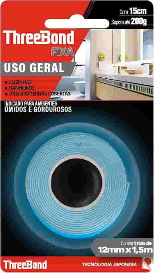 Fita Dupla Face Cozinha Banheiro ThreeBond |Tamanho 12mm x 1,5M | Suporta 200g em 15cm | Ambiente Úmido e Gorduroso