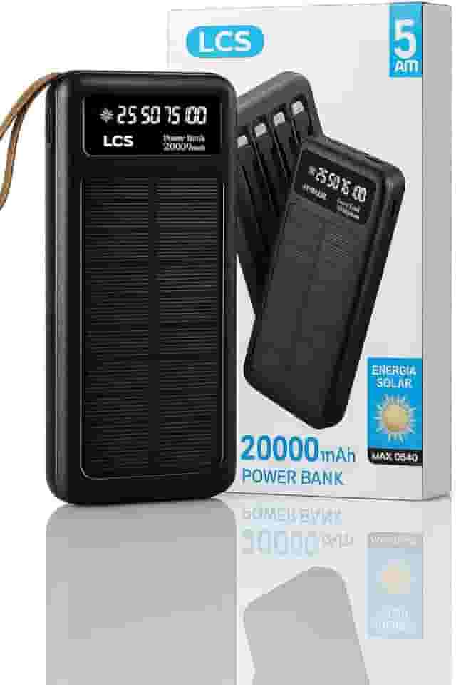 Carregador Solar Portátil Power Bank 20000Mah Painel Solar - Com Cabos Embutidos Display Digital Ideal Para Viagens E Camping (PRETO)