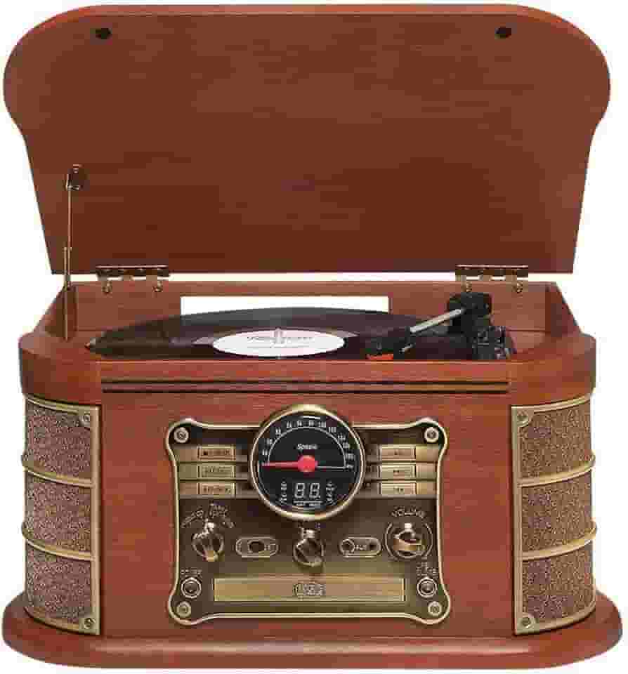 Vitrola Toca Discos Vinil Retro Bluetooth Cassete Usb Cd Player Rádio Fm Entrada Auxiliar Reproduz E Grava Vintage Bivolt 25W Raveo Spazio