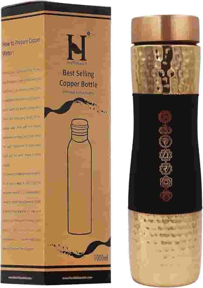 Garrafa de água de cobre puro, boca larga, capacidade de 1000 ml (33,81 US Fl Oz) para benefícios de saúde Ayurveda (7 chakras)
