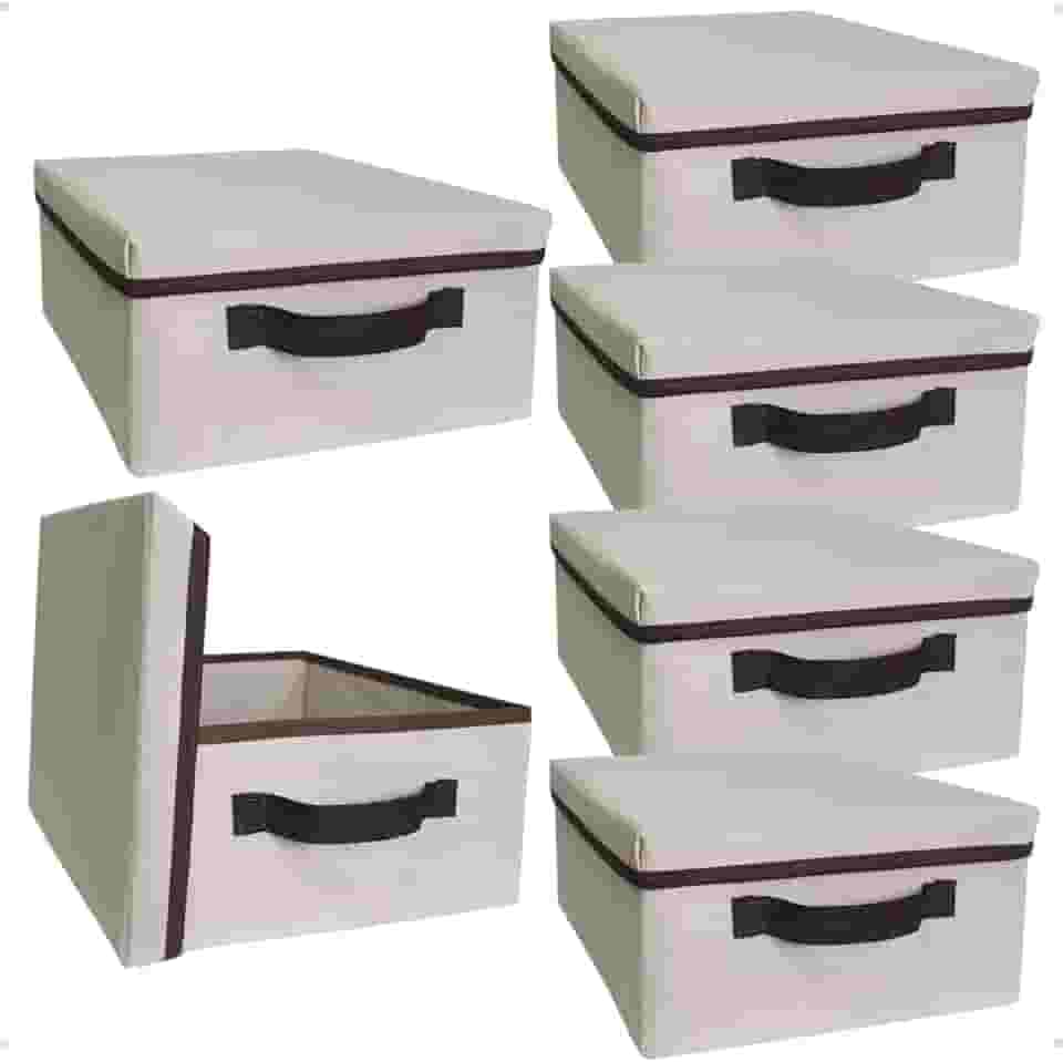 kit 6 Caixas Organizadora com Tampa para guarda roupa 28x28x15 cm Bege e Marrom, para Armário e Closet dobravel desmontavel