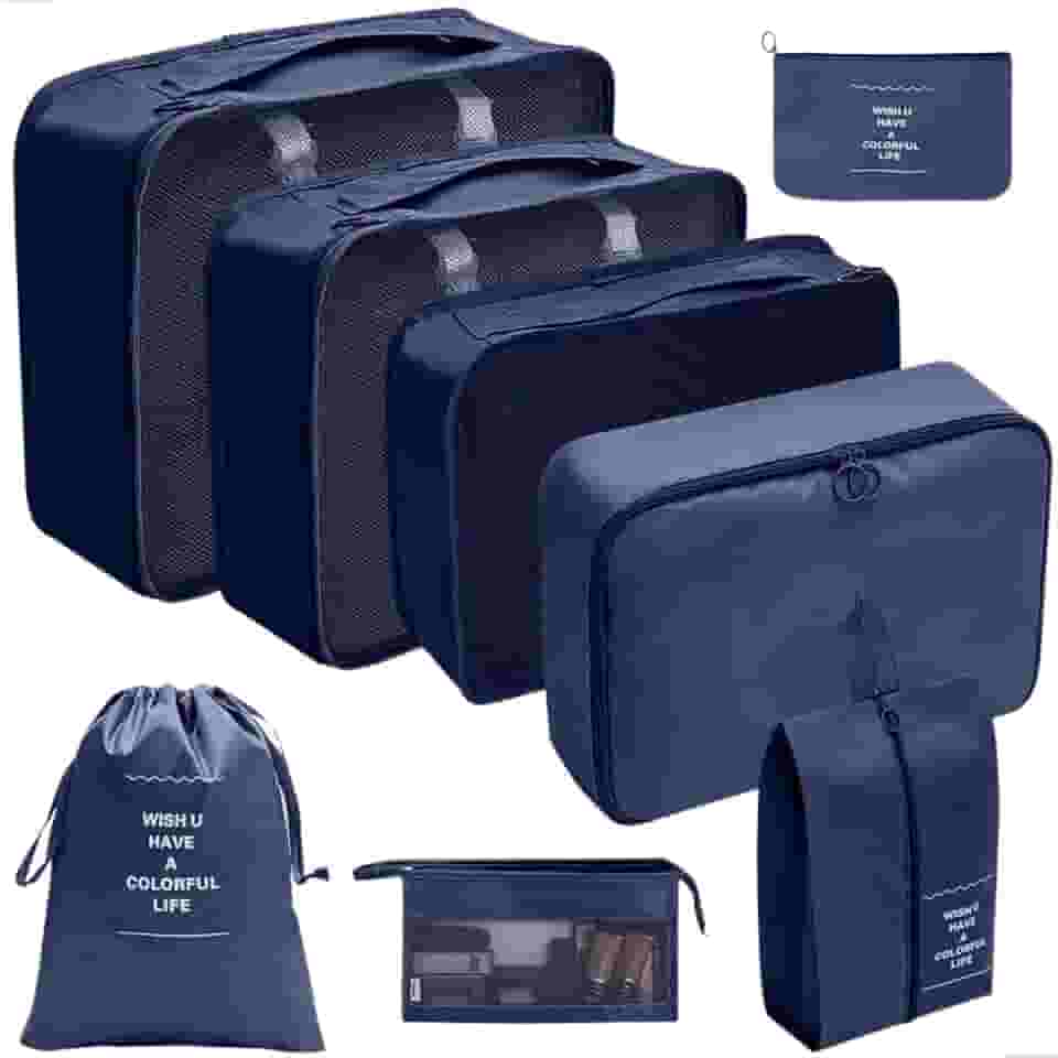 Kit Organizador de Mala 8 Peças Packing Cubes com Compressão Porta Sapatos Necessaire Transparente Roupas Sujas para Viagem (Azul)