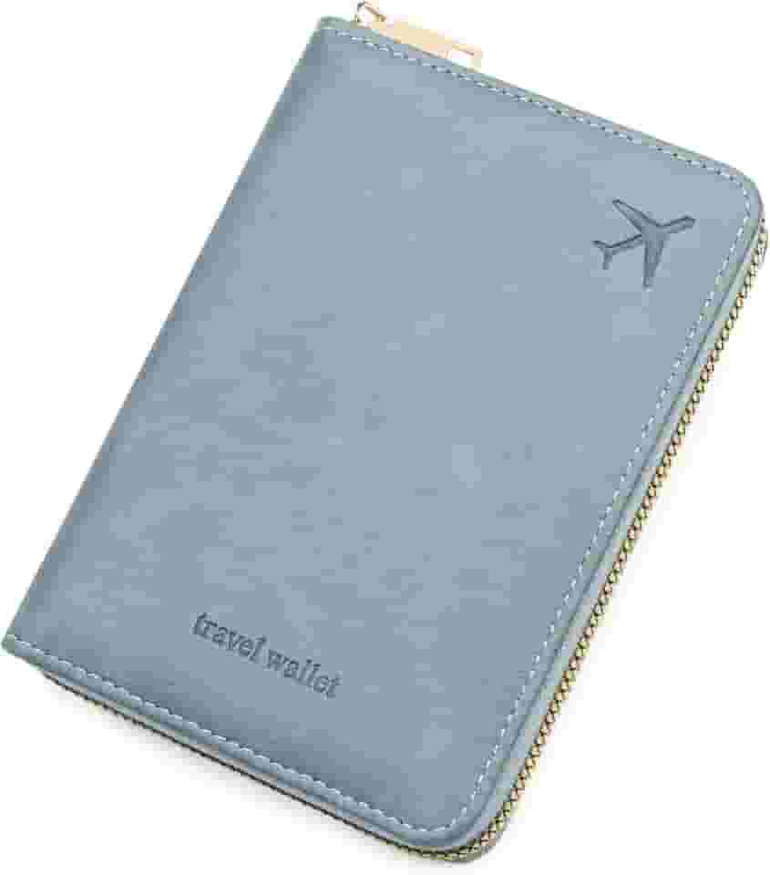 Carteira de viagem com suporte de passaporte – Carteira com bloqueio de RFID, capa de cartão de viagem com zíper completo com proteção RFID, organizador de vários compartimentos para cartões