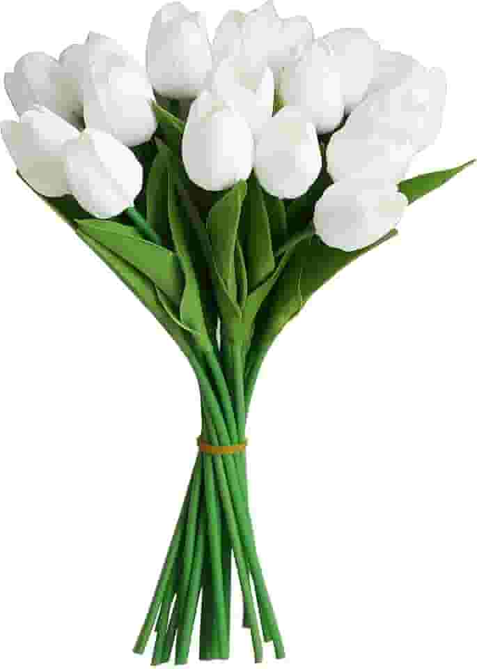 FUNZON 20 peças de flores artificiais de tulipas, flores falsas de toque real, tulipas artificiais brancas que parecem decorações de casamento reais presentes de Páscoa para o dia das mães (20, branco