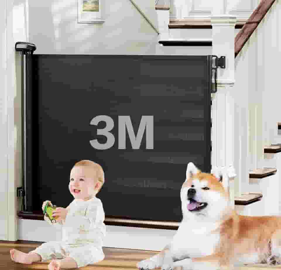 3m Portão Grade Retrátil de Proteção para Bebês e Cachorros, Portaozinho de Escada Instalação Sem Furos, Trava Dupla,Operação com uma mão,Portao Segurança Bebê Pet, Cercado para Cachorros（preto）