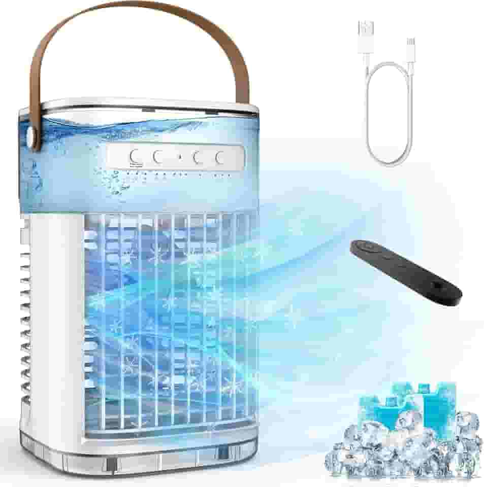 Mini ar condicionado, ar-condicionado portátil com controle remoto, carregamento USB, tanque de água de 1,2 L e 2 caixas de gelo, temporizador de desligamento automático, refrigerador de ar