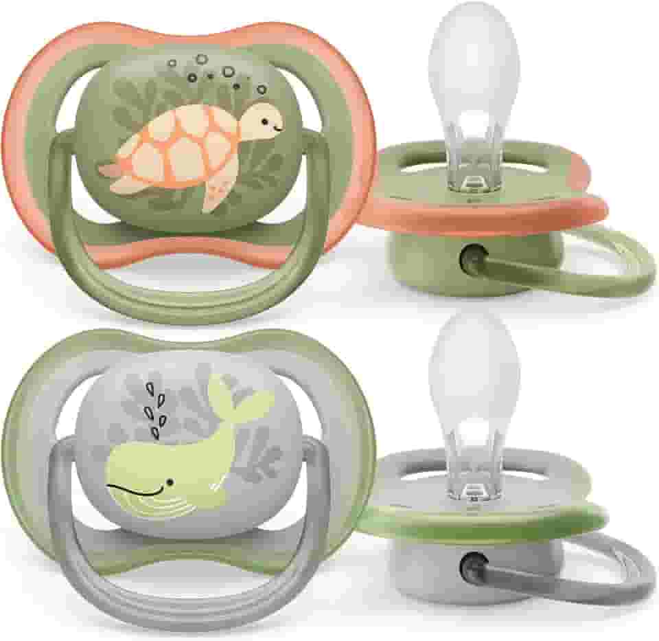 Chupeta Ultra Air Dupla 6-18 Meses Philips Avent Decorada Verde e Cinza - Baleia/Tartaruga
