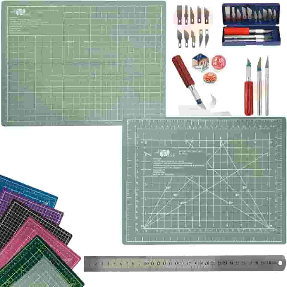 Kit Base de Corte A4 30x22cm Multiuso Costura Artesanato Patchwork Desenho Jogo Estilete Precisão 13 Peças Regua Metal 30cm (Tiffany)