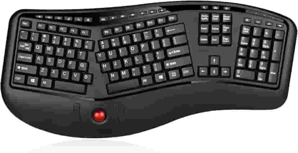 Adesso WKB-3500UB – Teclado de mesa ergonômico sem fio com trackball integrado, design de teclas divididas, descanso de palma, teclas de controle de mídia, longa vida útil da bateria – Compatível com laptop/desktop/PC/Windows XP/7/8/10