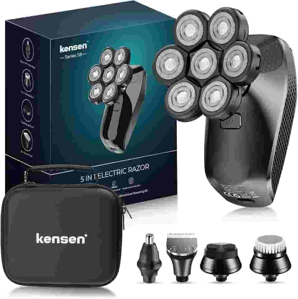 KENSEN Barbeador Elétrico Masculino 5 em 1 – Cabeça Careca 7D, Kit à Prova d’Água para Barba, Cabelo, Nariz e Rosto