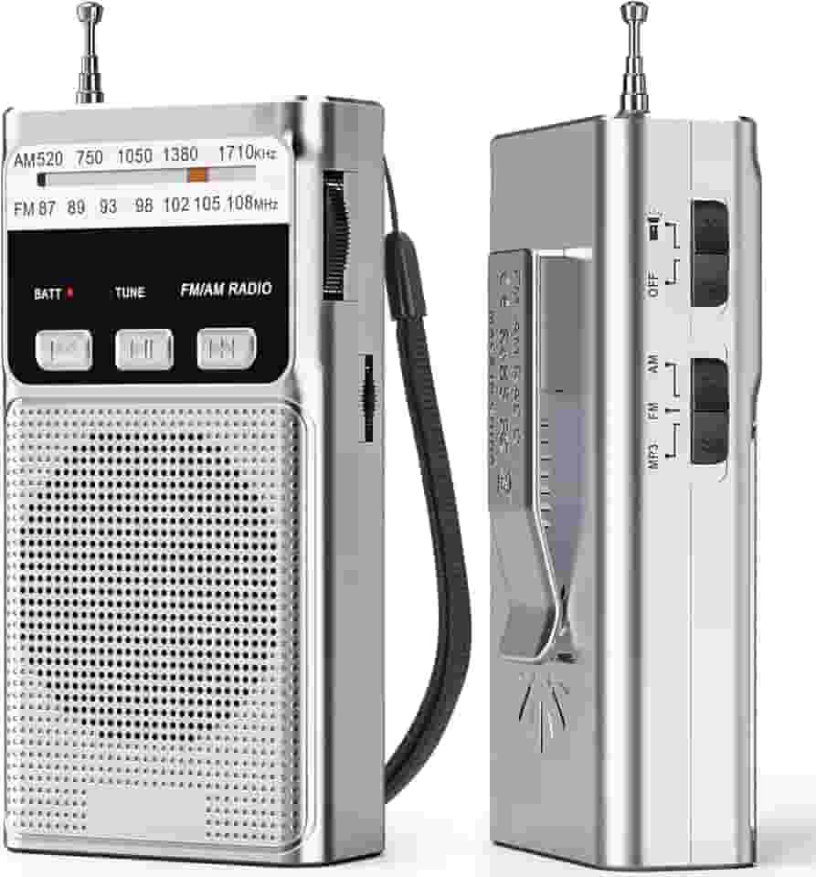 Goodes Rádio AM FM portátil com leitor de MP3, rádio recarregável com carregamento tipo C, melhor recepção, entrada para cartão TF, lanterna, clipe traseiro, conector de fone de ouvido, adequado para