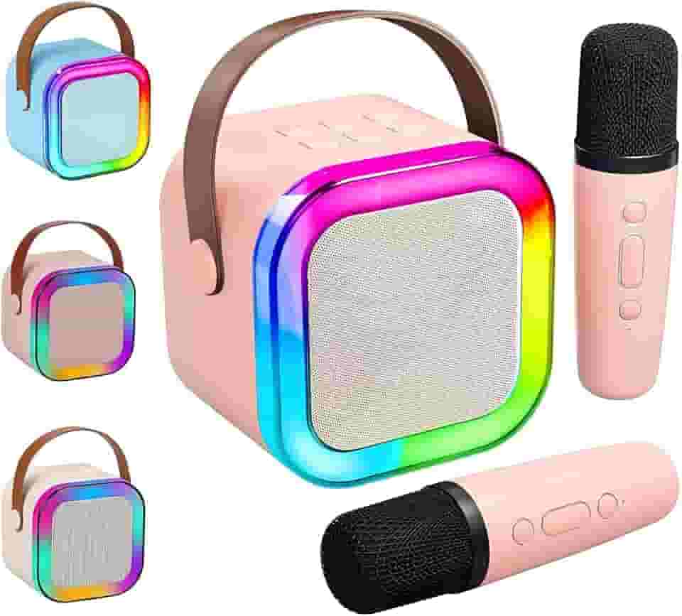 Caixa de Som Karaokê Portátil com 02 Microfones Sem Fio | Testados Previamente | com Luzes LED RGB e Vozes Auto Tune - Envio de Cores Conforme Disponibilidade