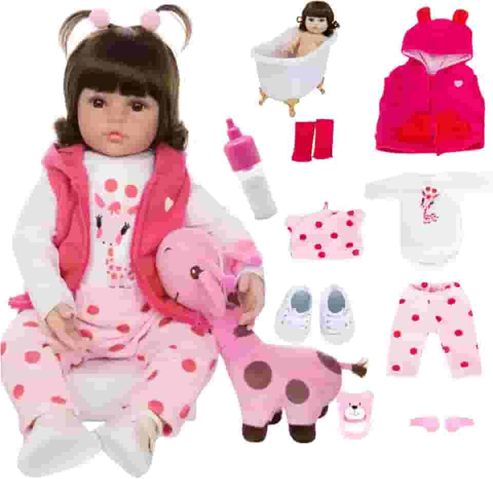 Boneca Bebê Reborn Menina Realista de Silicone com Girafinha Rosa e Roupas Luxo 48 cm Pode Tomar Banho