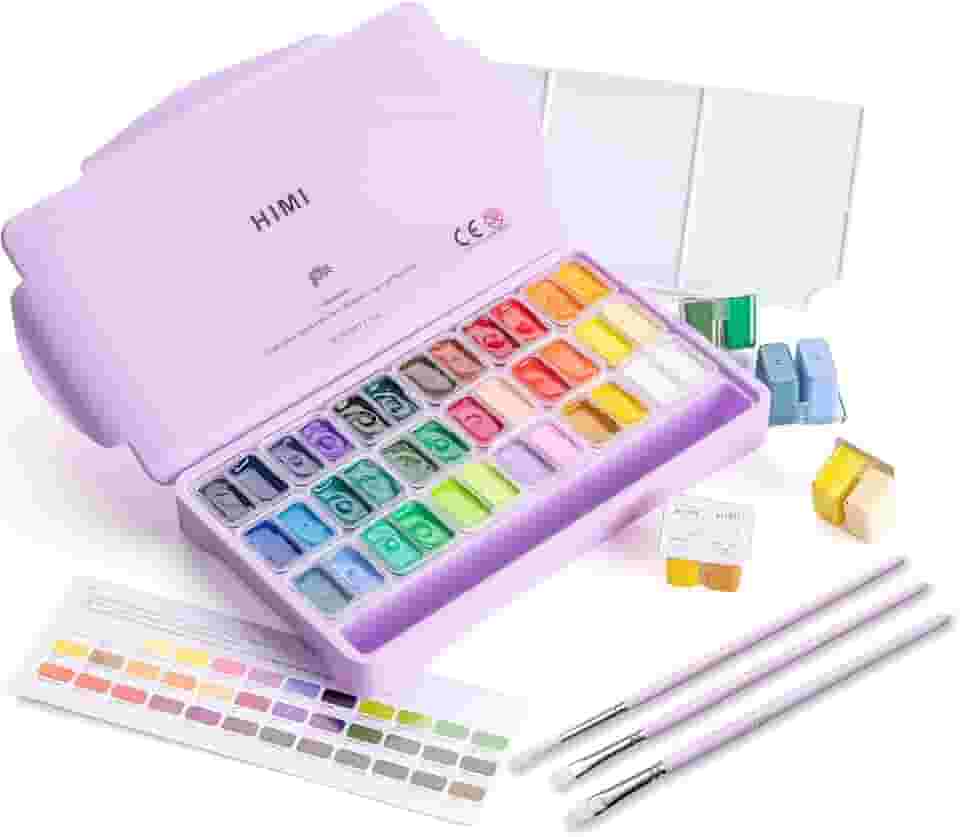 HIMI Twin Cup Jelly Gouache Paint Set with 3 Paint Brushes, 36 Colors 12g, Jelly Cup Design, Non Toxic Paint for Canvas and Paper, Art Supplies for Professionals (Purple Case)