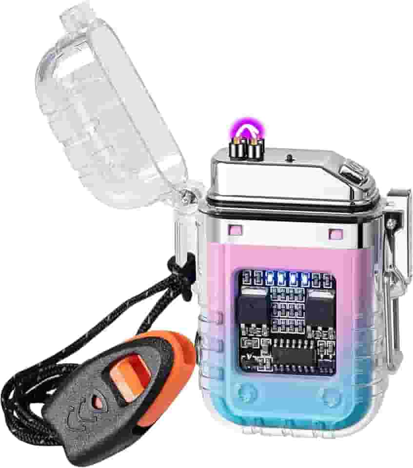 Isqueiro elétrico de arco duplo à prova de vento para uso externo com lanterna USB recarregável sem chama, isqueiros legais de plasma para acampamento, aventura, equipamento