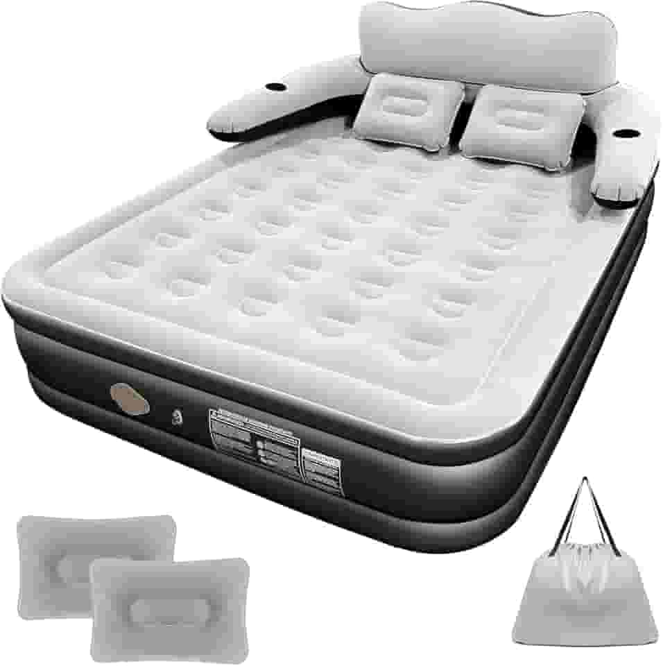 Colchão Inflável Casal 205*155CM com Encosto e Travesseiro, Bomba de ar Elétrica Recarregável Embutida, Inflação e Deflação Rápidas e Automáticas, para Viagens e Acampamentos (Preto e Branco)