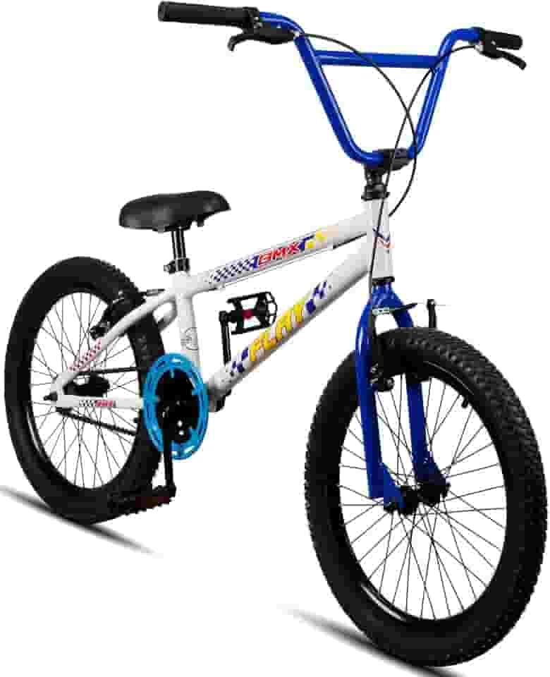 Bicicleta Aro 20 BMX Infantil Flay Aro Aero Freio V-Brake Menino 6, 7, 8, 9, 10 + anos - Branco+Azul