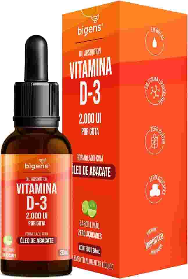 Vitamina D3 Liquida, 2000UI por gota, formlado com óleo de abacate, Sabor Limão, Unidade 20mL, Bigens (Unidade)