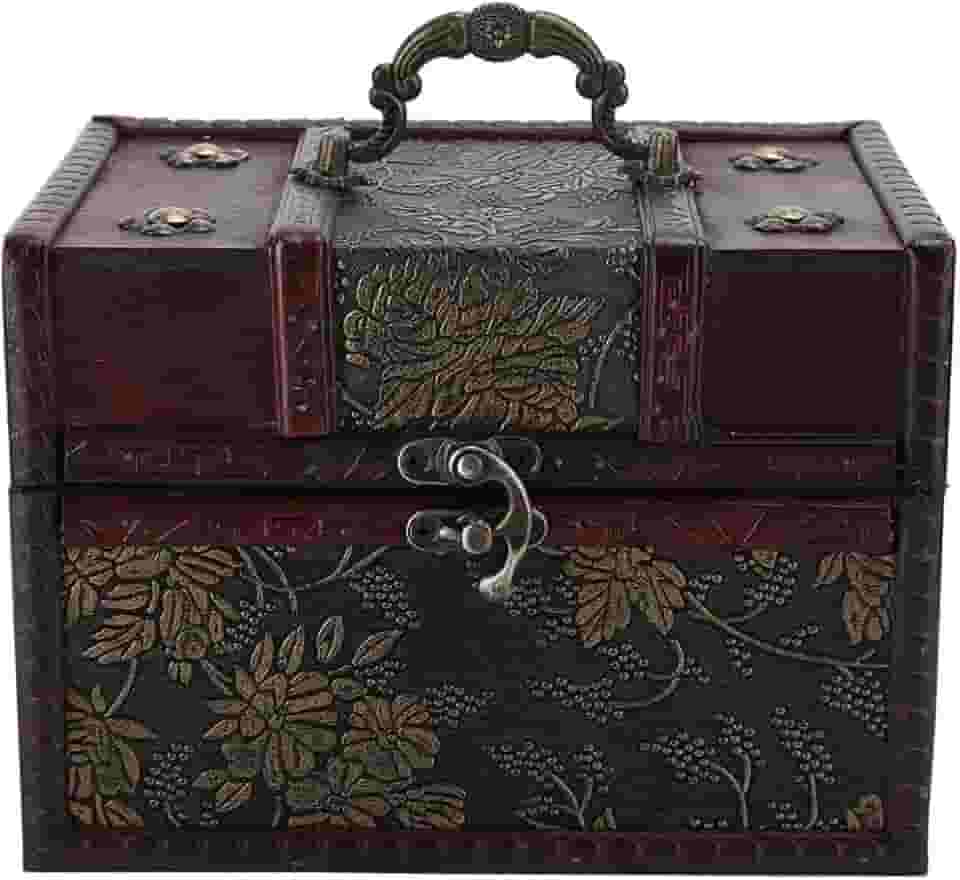 Caixa de armazenamento vintage, baú de tesouro decorativo portátil, 4 baús de madeira para presente, joias, colecionáveis, decoração de casa (6262D-L)
